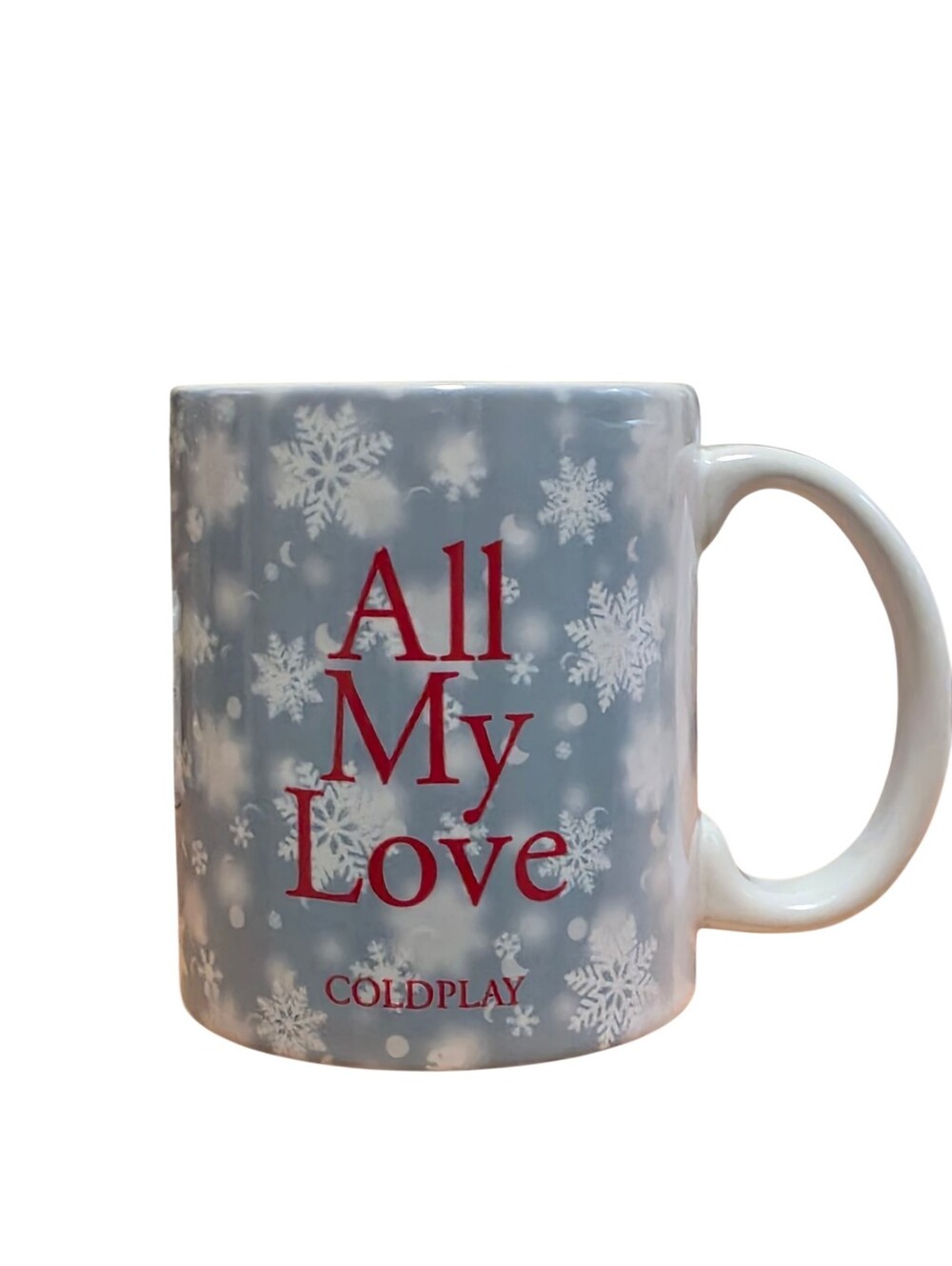 Coldplay Official Band Merch All My Love Mug Blue W/Snowflakes & Red Balloons